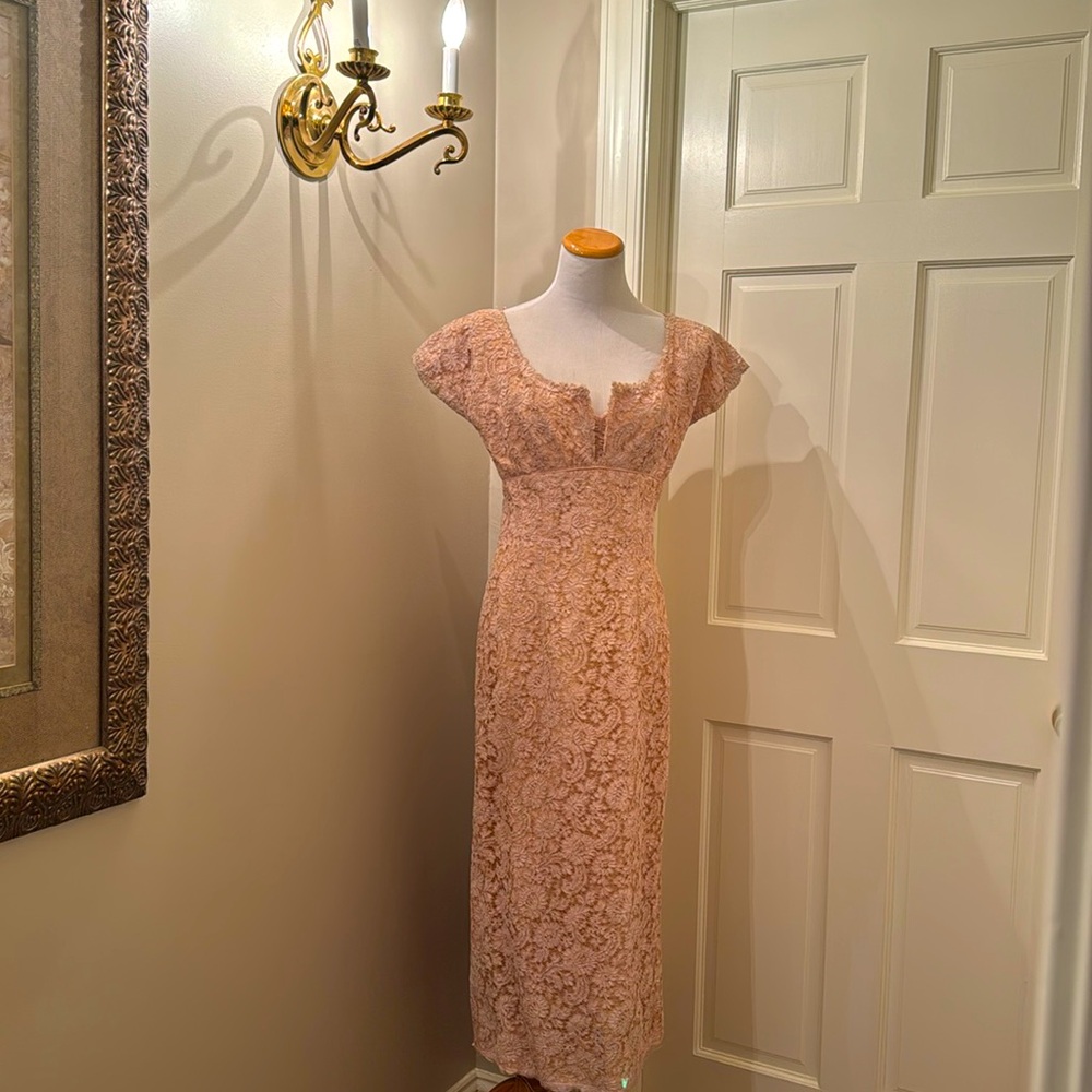 Vintage 50s Formal Dress-(size small)-Satin with Lace Overlay